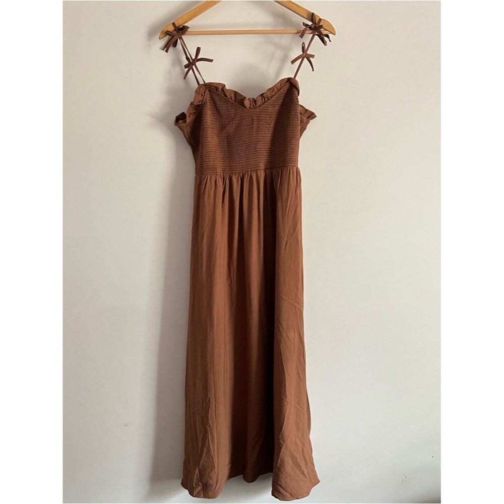 By The River Dress Large Brown Smocked Tie Strap Boho Maxi Summer Flowy - Picture 2 of 9